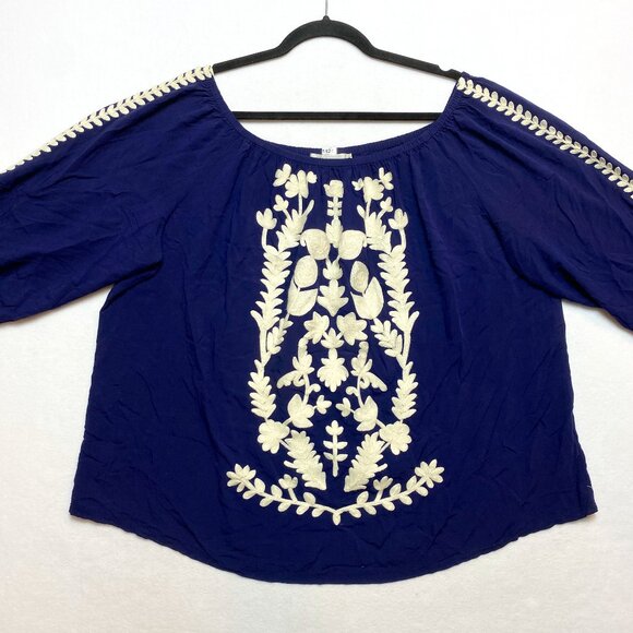Solitaire Boho Embroidered Floral Blouse Top Women's 2X Blue 3/4 Cold Shoulder - Picture 1 of 11
